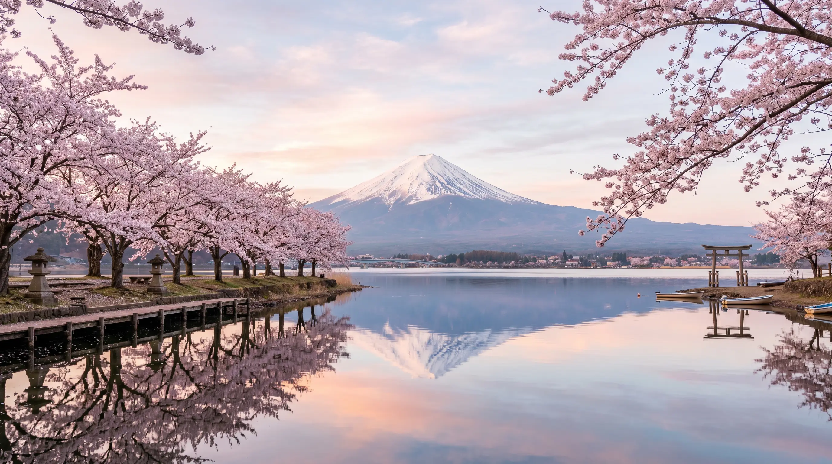 桜と逆さ富士が湖面に映る春の富士山