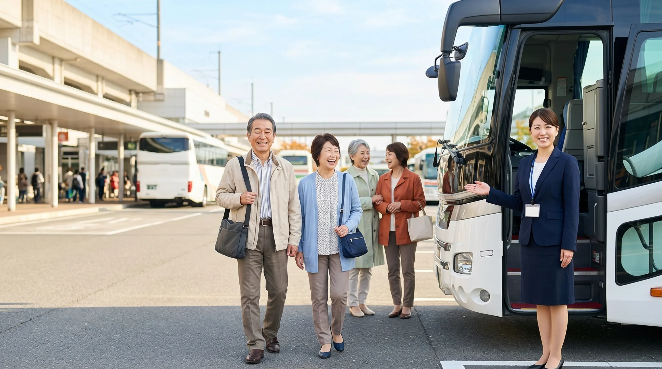貸切バスの前で添乗員に迎えられ、ご出発されるお客様