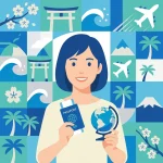パスポートと地球儀を手にしたスタッフのイラスト
