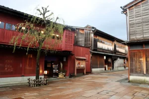 ひがし茶屋街の紅殻格子の町家と枝垂れの木（石川県金沢市）