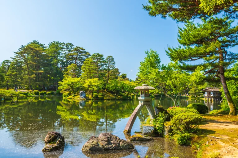 新緑の兼六園　霞ヶ池に立つ徽軫灯籠（石川県金沢市）