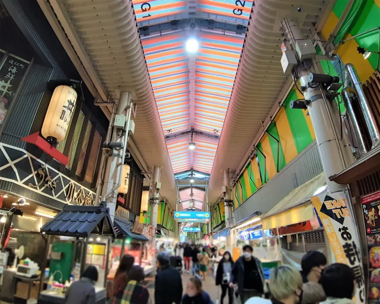 買い物客でにぎわう近江町市場のアーケード（石川県金沢市）