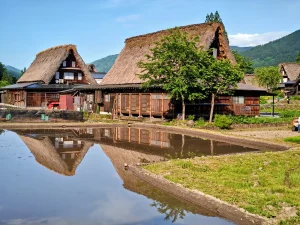 水面に映る五箇山の合掌造り家屋（富山県）