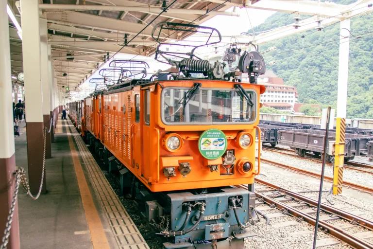 発車を待つ黒部峡谷トロッコ電車の機関車と客車（富山県）