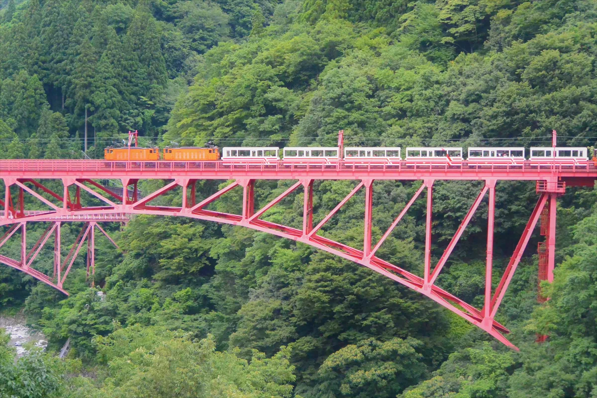 新緑の峡谷にかかる赤い鉄橋を渡る黒部峡谷トロッコ電車（富山県）